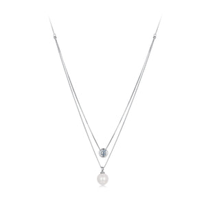 925 Sterling Silver Moissanite & Quality Shell Pearl Necklace for Women - 40+5cm, White Gold Plated