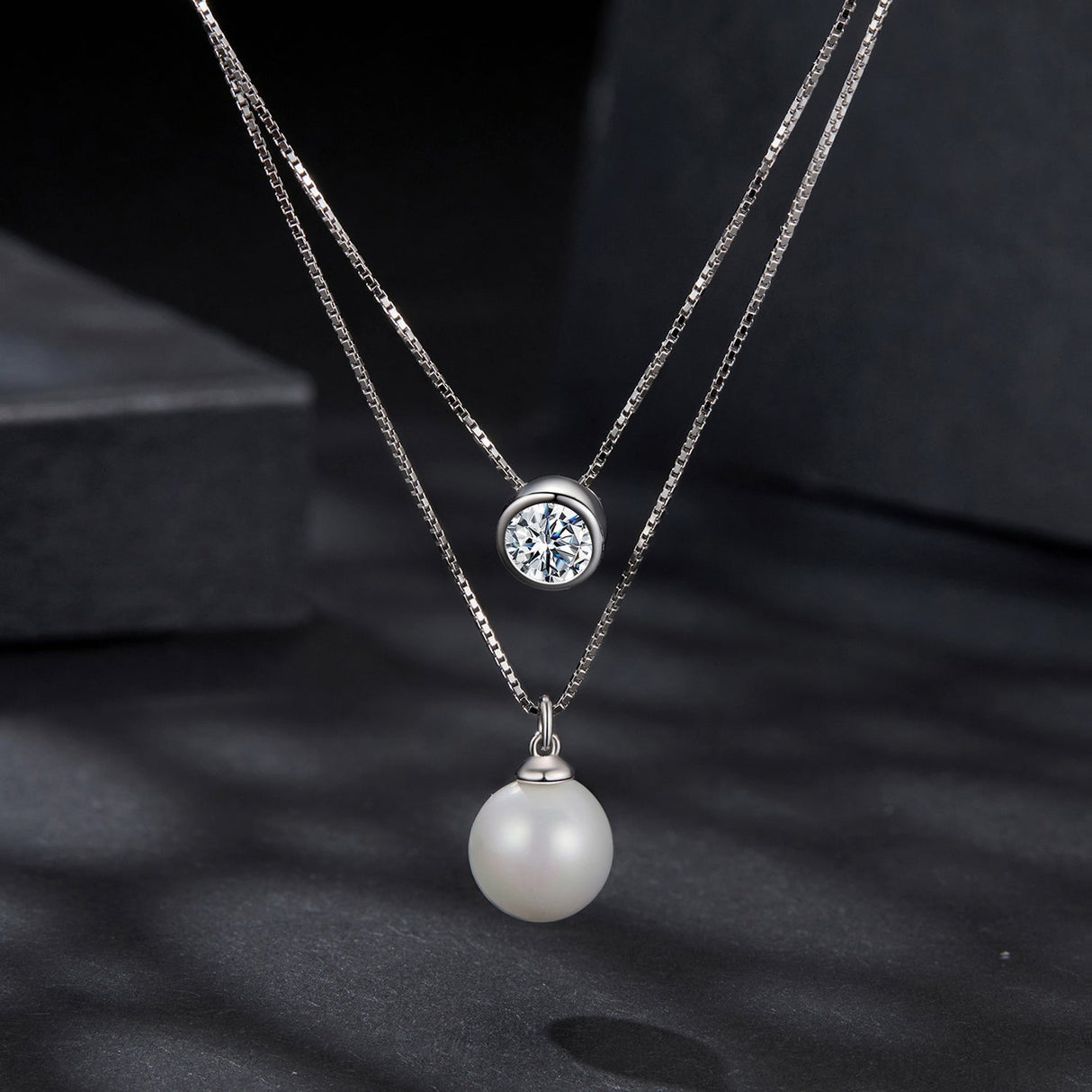 925 Sterling Silver Moissanite & Quality Shell Pearl Necklace for Women - 40+5cm, White Gold Plated