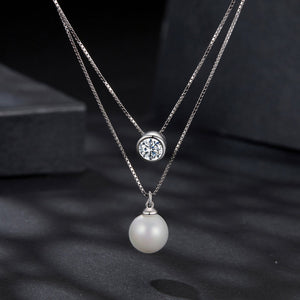 925 Sterling Silver Moissanite & Quality Shell Pearl Necklace for Women - 40+5cm, White Gold Plated