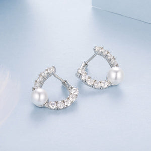 925 Sterling Silver White Gold Plated 1.6cm Hoop Earrings with Synthetic Pearl for Women