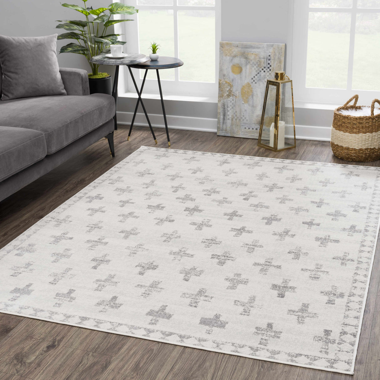 Tigris Swiss Cross Ivory & Gray Area Rug