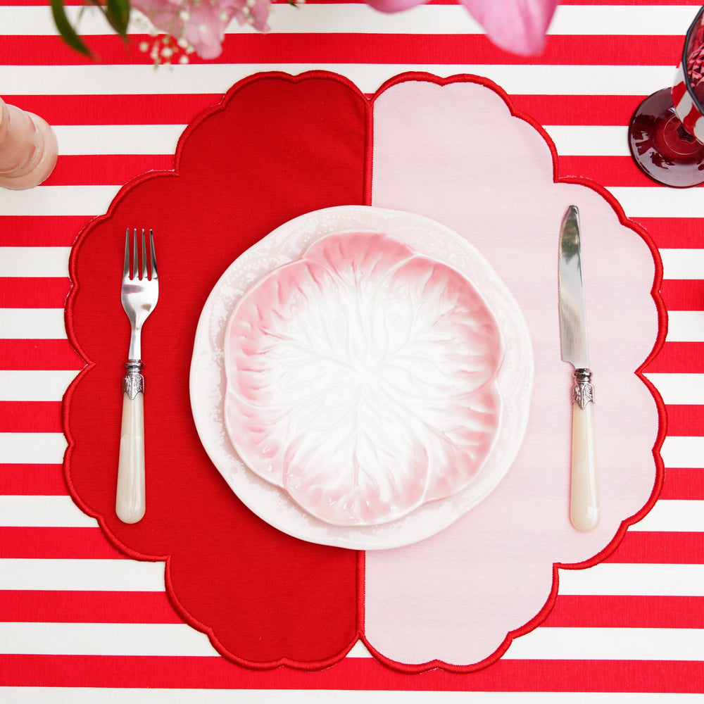 Duality Pink Red Scalloped Fabric Placemats Set of 12
