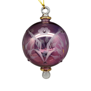 Etched Blown Glass Ball with Crystal Accents - Purple