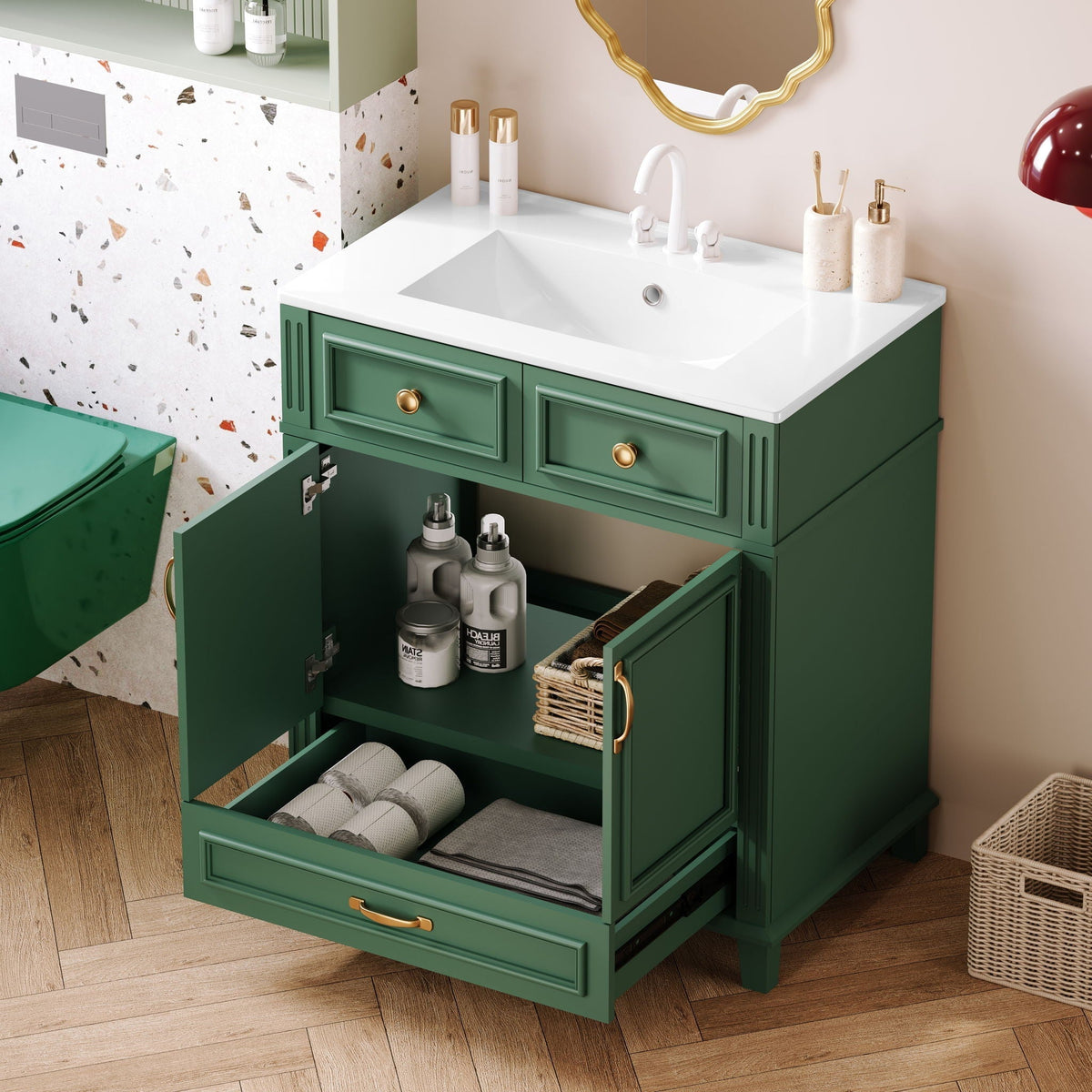 Bathroom Vanity with Sink and Storage Cabinet - White, Blue, or Dark Green