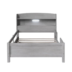 Wood Platform Bed With Built In LED Light, Storage Headboard And Guardrail