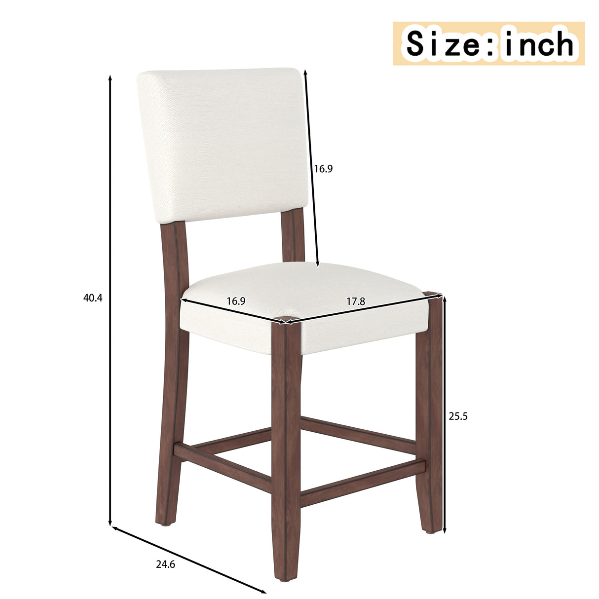 Set of 4 Mid-Century Modern Bar Stools, 40 in Linen Upholstered Counter Chairs with Rubber Wood Legs, Off White