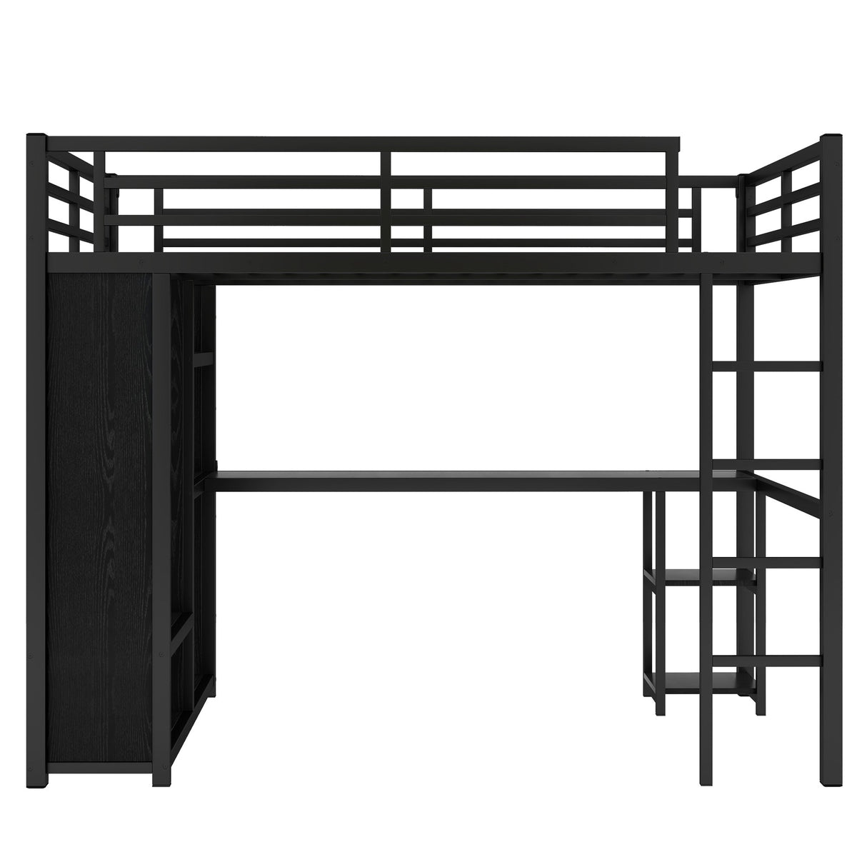 Full Size Loft Bed Frame with Built-in Wardrobe, Metal Loft Bed with Desk and Storage Shelves