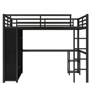Full Size Loft Bed Frame with Built-in Wardrobe, Metal Loft Bed with Desk and Storage Shelves