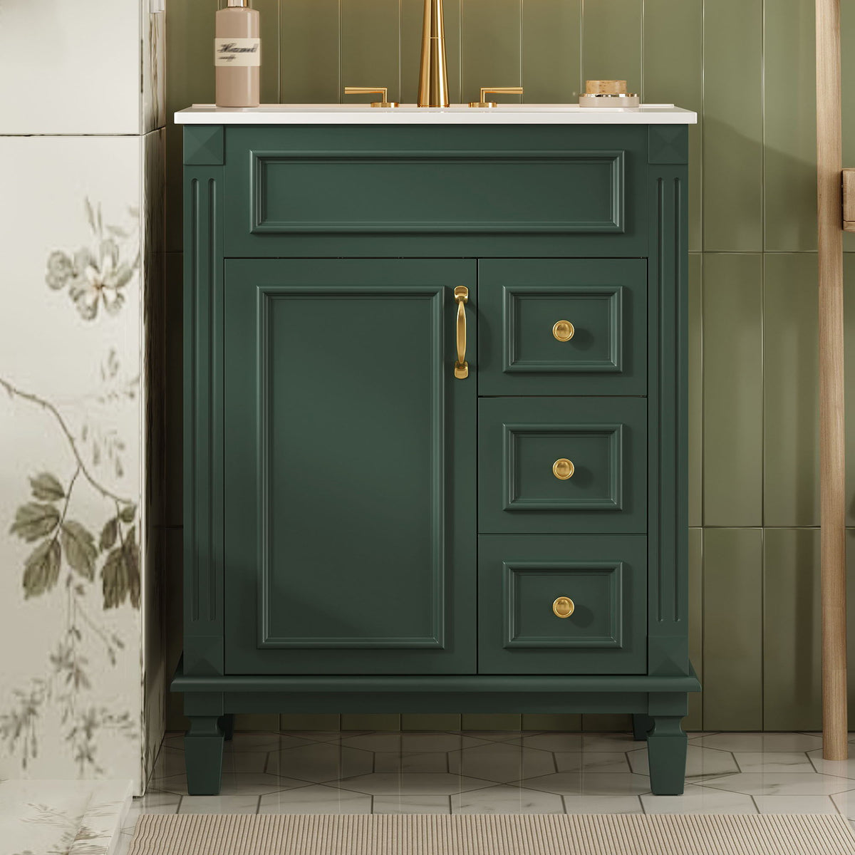 Compact Bathroom Vanity with Ceramic Sink and Storage Drawers - White, Green, Black