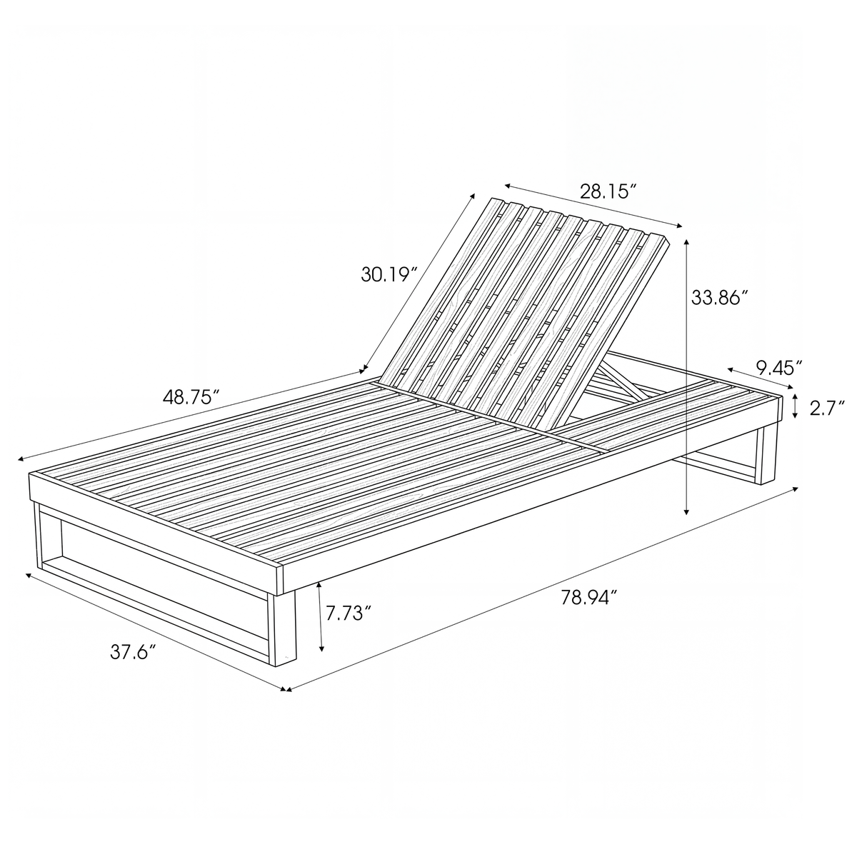 Black Acacia Wood Chaise Lounge with 1.57-Inch Cushions