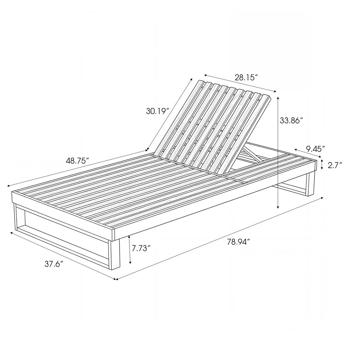 Black Acacia Wood Chaise Lounge with 1.57-Inch Cushions