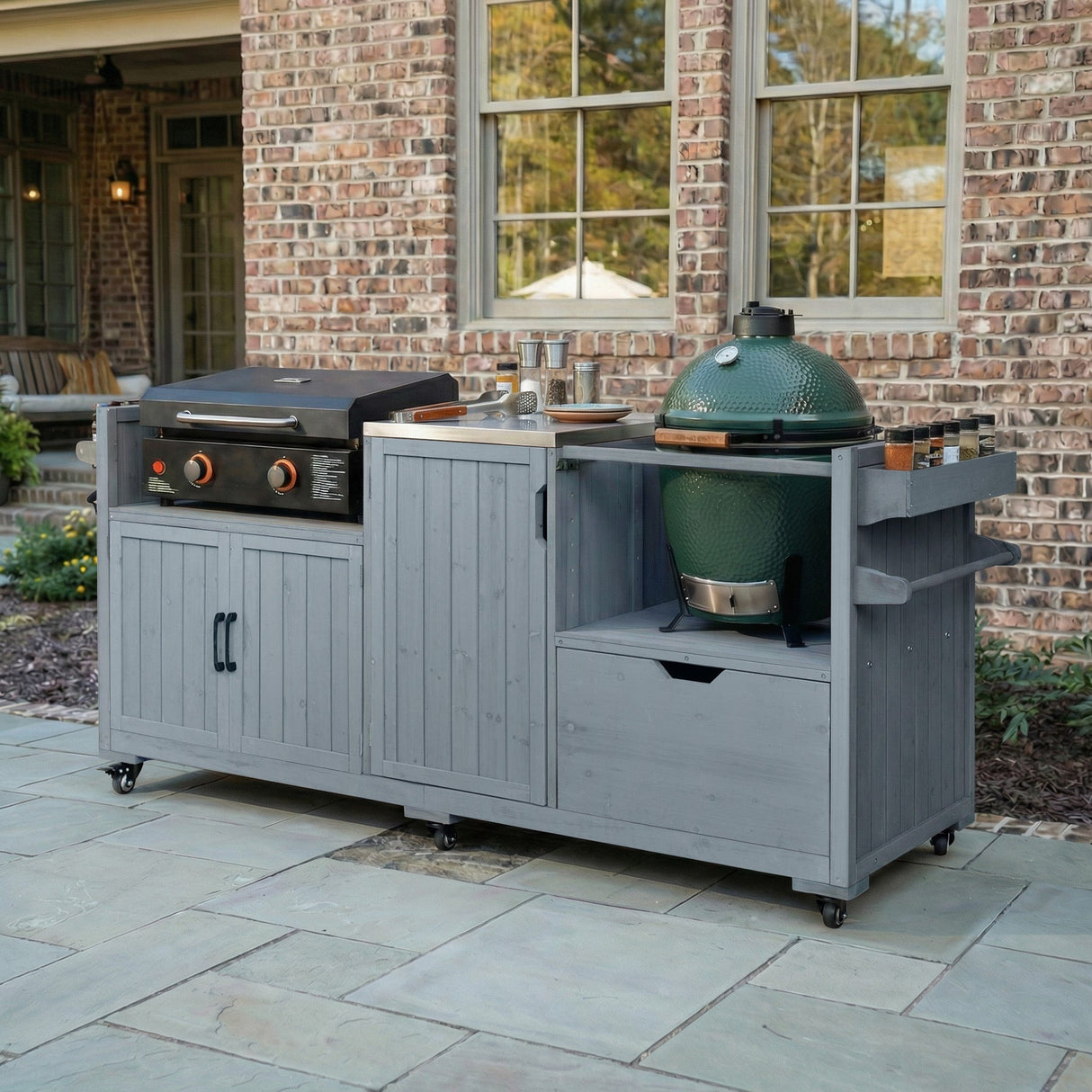 K&K 80.5' Outdoor Kitchen Island for Big Green Egg & Blackstone Griddle