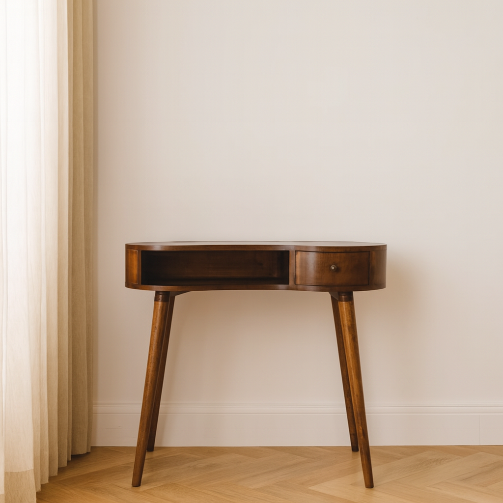 Solid Wood Chestnut Rounded Writing Desk, 1-Drawer, 1 Open-Slot