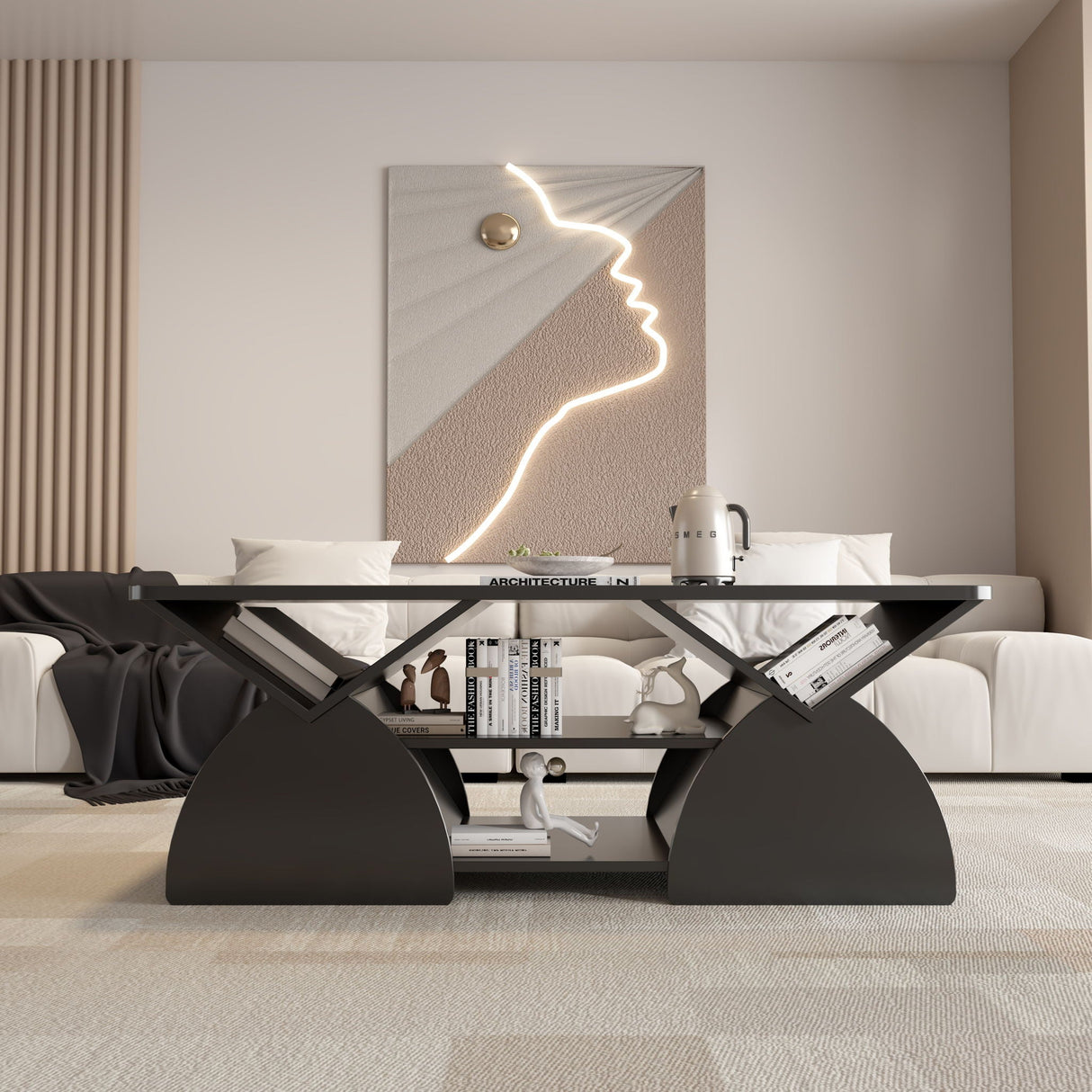 Geometric Engineered Coffee Table With Rounded Corners With Open Shelves