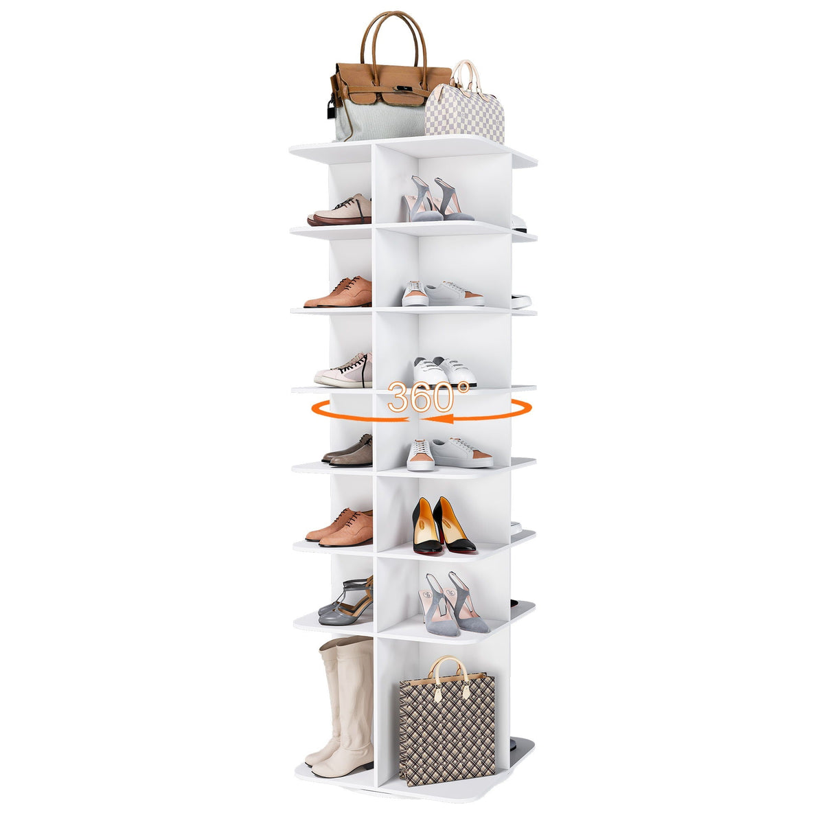 7 Tier Square Rotating Shoe Rack Tower with 360° Spinning Organizer - White