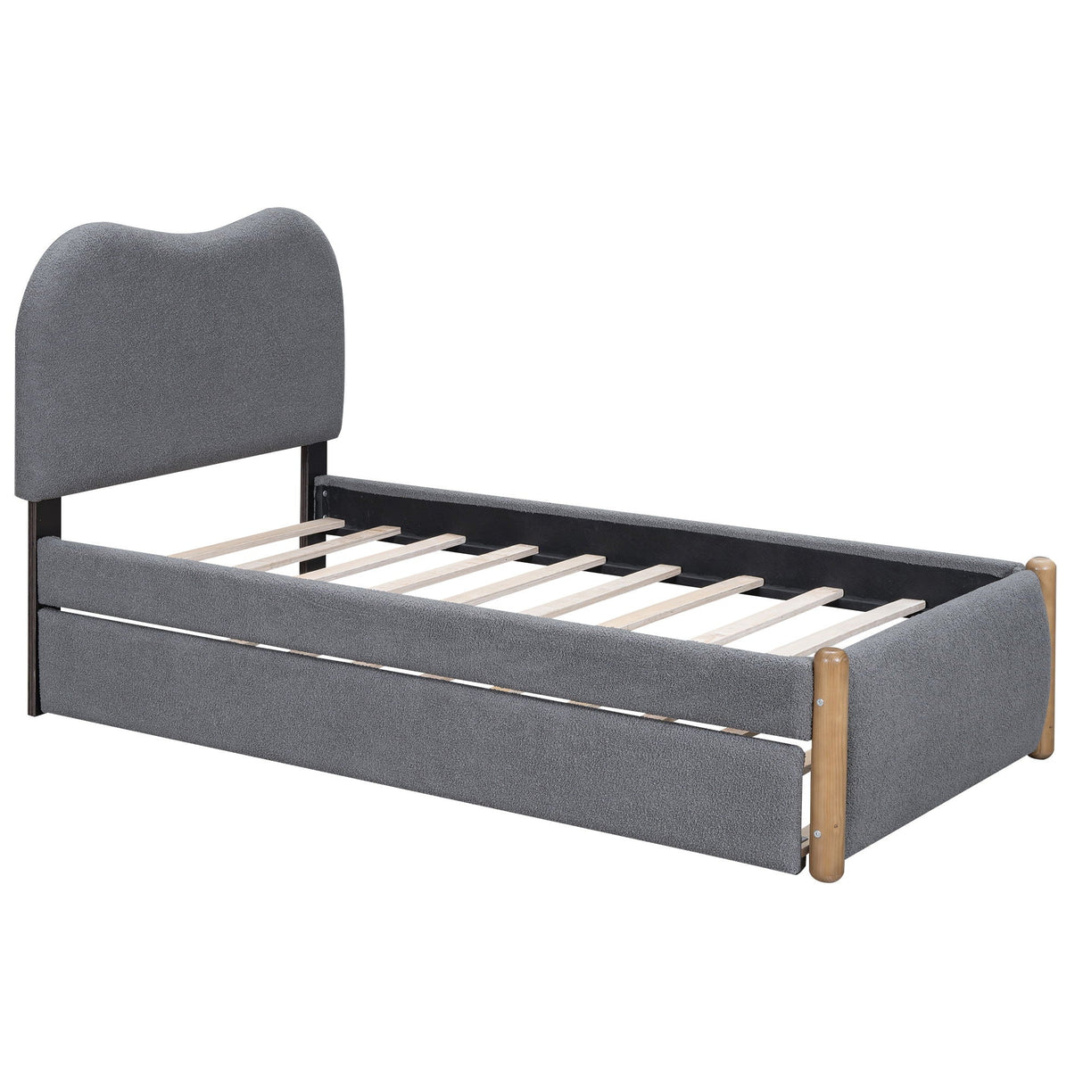 Upholstered Platform Bed With Wood Supporting Feet And Trundle