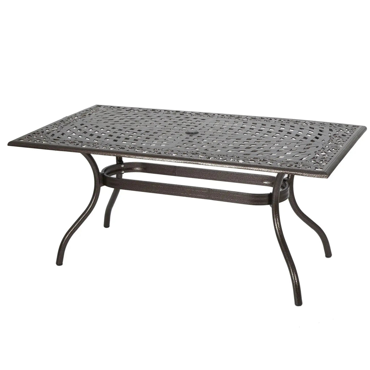Celestine Outdoor Cast Aluminum Dining Table With Floral Lattice Design And Umbrella Holder