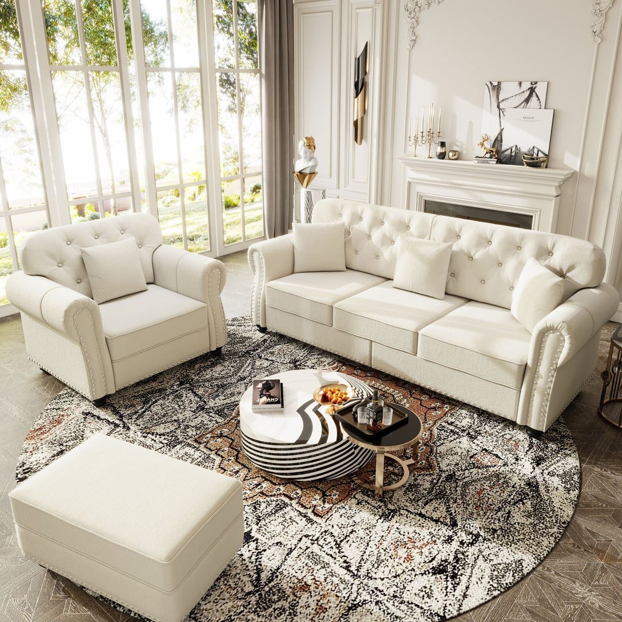 Upholstered Sofa Set With Nailhead Trim and Rolled Armrests, Includes Pillows