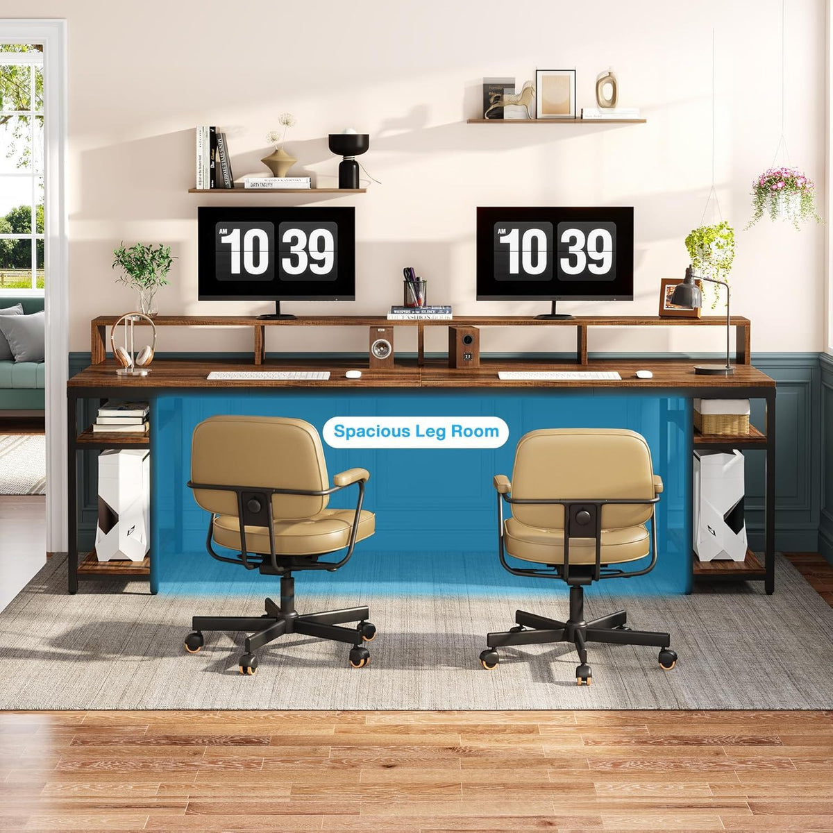 2 Person Desk With Monitor Stand, Long Office Workstation With Dual Storage Shelves And Frame - Brown / Black
