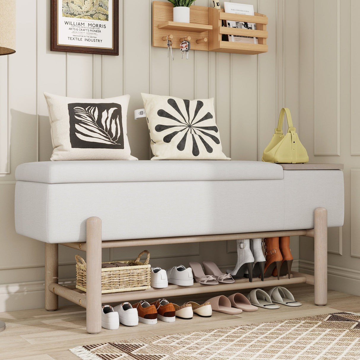 TREXM Farmhouse Upholstered Storage Bench with Hidden Compartment