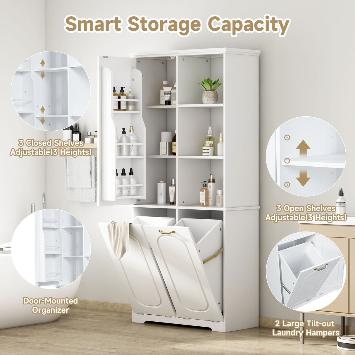 Freestanding Tall Storage Cabinet With 2 Tilt Out Hampers, Adjustable Shelves, Soft Close Door, Door Mounted Organizer - White