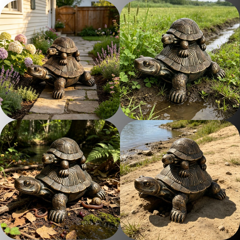 19'' Vintage Bronze Stacked Turtle Statue