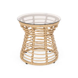 San Pedro Boho Style Side Table with Tempered Glass Top in Light Brown Rattan