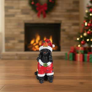 Festive Black Poodle Christmas Statue