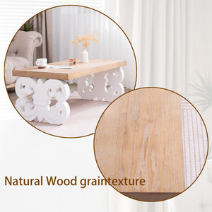 Ornate Wood Coffee Table – 47' Rectangular Farmhouse Style Table with White Carved Base and Natural Wood Top – Living Room Accent Table – Elegant Centerpiece for Modern or Traditional Decor