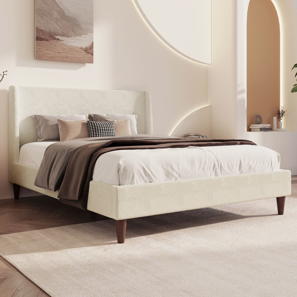 Upholstered Modern Platform Bed With Wingback Headboard