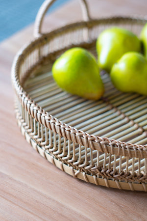 Set of 3 Round Decorative Brown Bamboo Woven Trays with Handles
