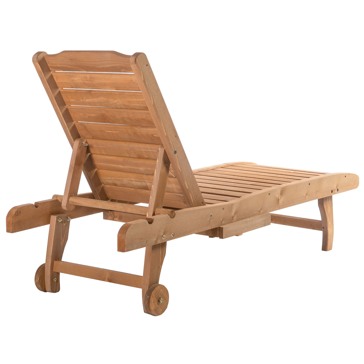 Outsunny outdoor chaise lounge pool chair, built-in table, reclining backrest for sun tanning/sunbathing, rolling wheels, red wood look