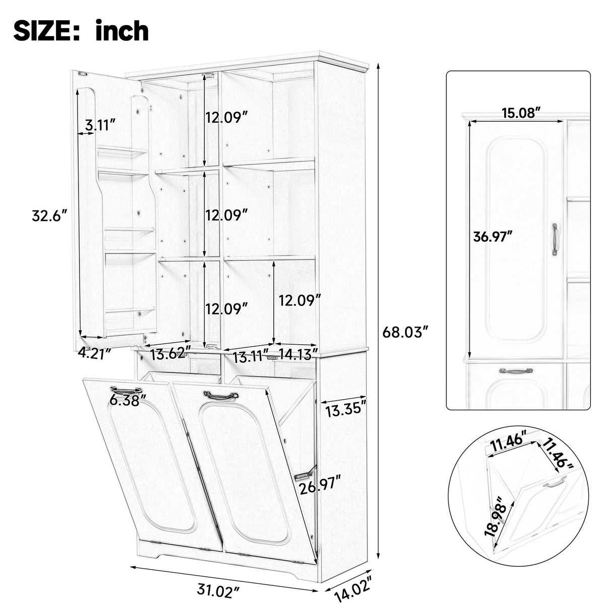 Freestanding Tall Storage Cabinet With 2 Tilt Out Hampers, Adjustable Shelves, Soft Close Door, Door Mounted Organizer - White