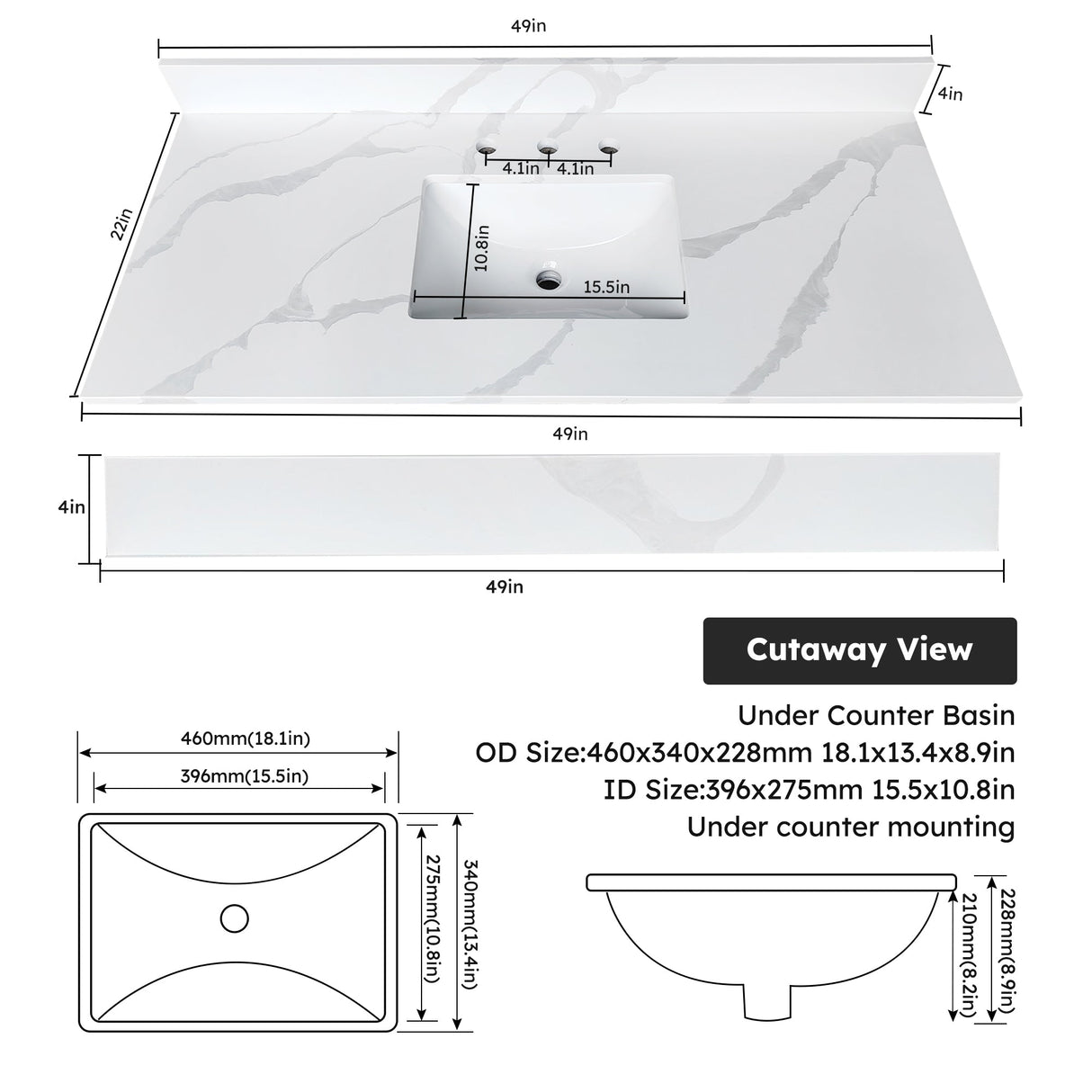 49-Inch Quartz Bathroom Vanity Top