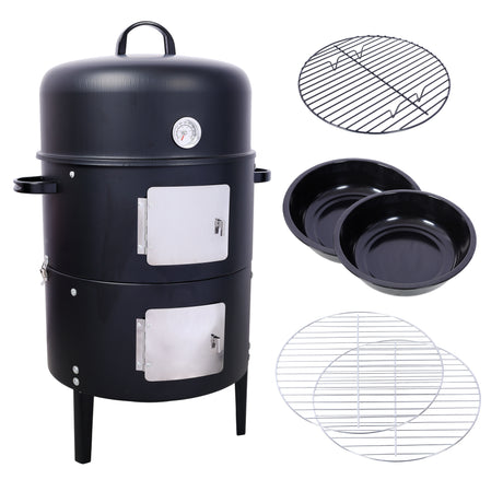 17-Inch-Steel-Charcoal-Smoker,-Heavy-Duty-Round-BBQ-Grill-for-Outdoor-Cooking,-Black-