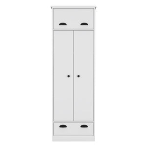 Dresser Closet With Upper Storage Covered With 1 Door, 2 Central Shelves, 1 Tube For Hanging Clothes Covered By 2 Doors, 1 Drawer At The Bottom - White