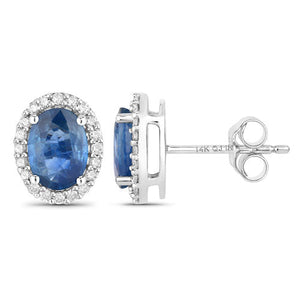 2.16 Carat Genuine Blue Sapphire and White Diamond 14K White Gold Earrings