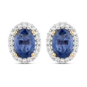 2.16 Carat Genuine Blue Sapphire and White Diamond 14K Yellow Gold Earrings