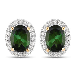 1.92 Carat Genuine Green Tourmaline and White Diamond 14K Yellow Gold Earrings