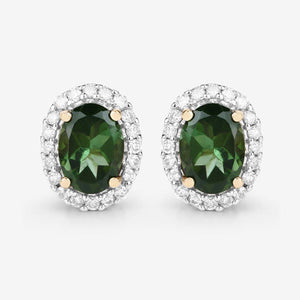 1.92 Carat Genuine Green Tourmaline and White Diamond 14K Yellow Gold Earrings