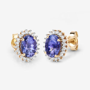 1.71 Carat Genuine Tanzanite and White Diamond 14K Yellow Gold Earrings