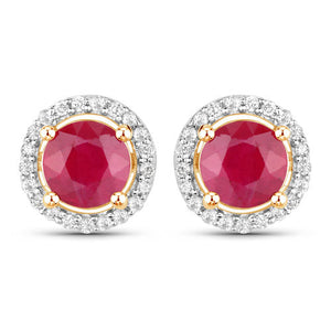 1.22 Carat Genuine Ruby and White Diamond 14K Yellow Gold Earrings