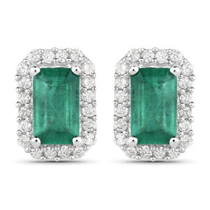 0.91 Carat Genuine Zambian Emerald and White Diamond 14K White Gold Earrings