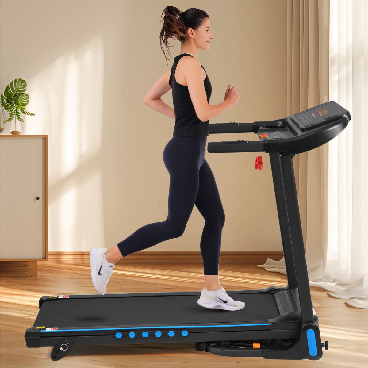 Incline Treadmill For Running & Walking, Hydraulic System Auto Folding With Type C & USB Charge For Android, 10Mph, Bluetooth Speaker - Black