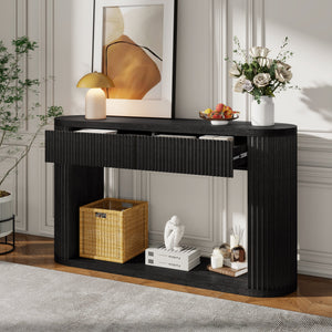 TREXM Oval Fluted Console Table with 2 Drawers and Bottom Shelf