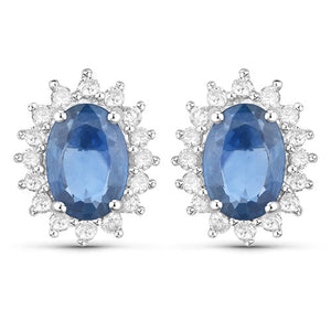 2.22 Carat Genuine Blue Sapphire and White Diamond 14K White Gold Earrings
