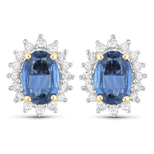 2.22 Carat Genuine Blue Sapphire and White Diamond 14K Yellow Gold Earrings