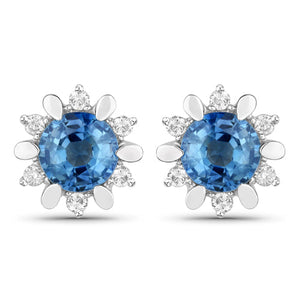 1.87 Carat Genuine Blue Sapphire and White Diamond 14K White Gold Earrings