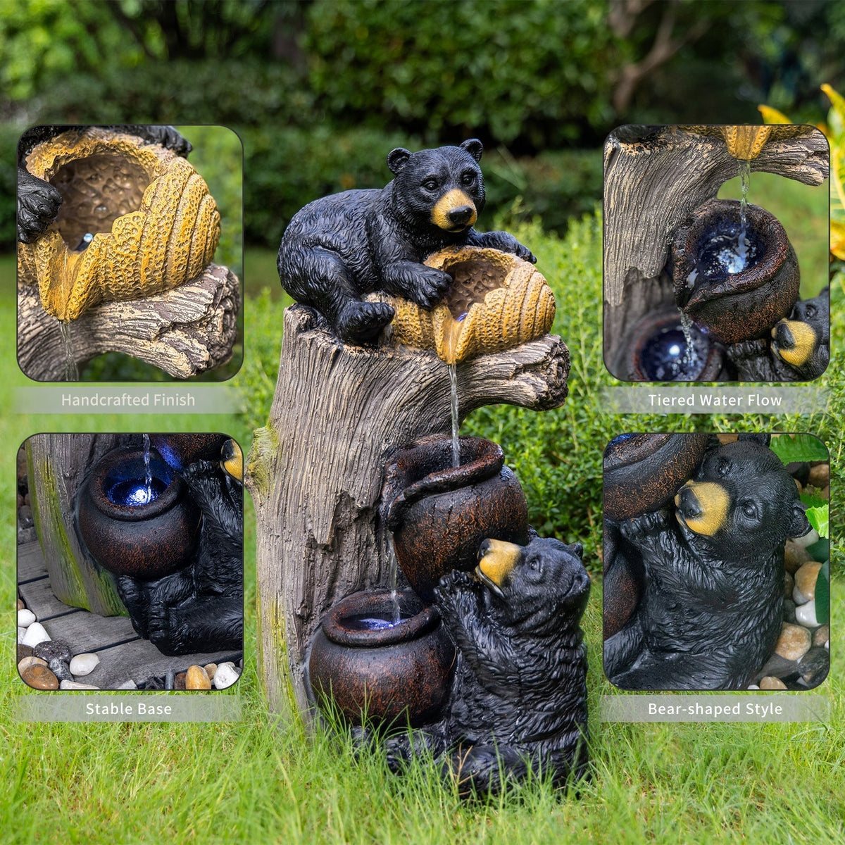Bear Outdoor Water Fountain with LED Lights - Brown Grey