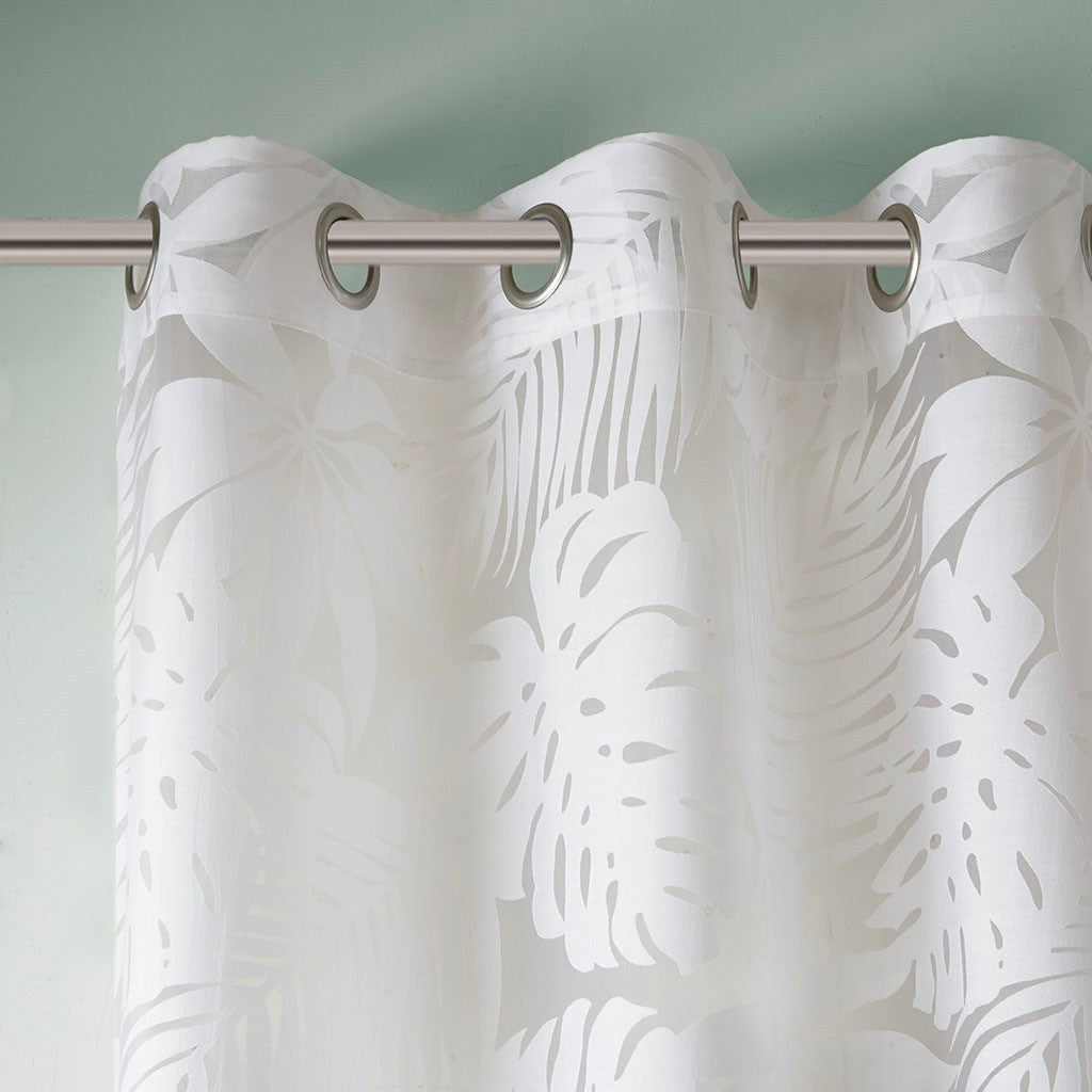 Palm Leaf Burnout Sheer Window Curtain with Antique Silver Grommets - White